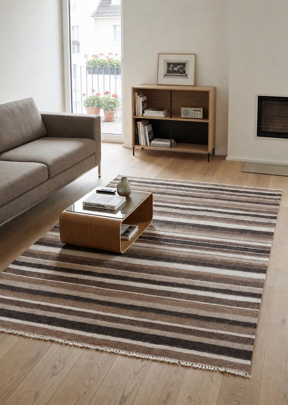 Handgewebter Wollteppich, Gestreifter Teppich Beige Braun, Neutraler Teppich, Moderner Wohnzimmerteppich, Skandi Teppich, Handgefertigt