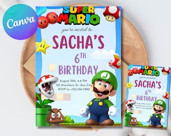 Invitación de cumpleaños editable de Super Mario, invitación de cumpleaños infantil de Super Mario, plantilla imprimible de invitación de Mario en Canva, fiesta de cumpleaños para niños