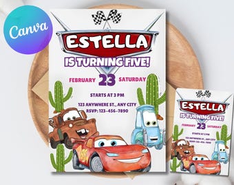 Invitación de cumpleaños de Cars, invitación de cumpleaños infantil, invitación de Rayo McQueen, descarga digital editable y personalizada de Canva