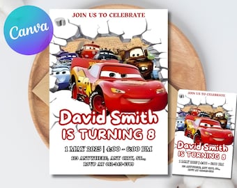 Invitación de cumpleaños de Cars / Invitación de Rayo McQueen, Invitación de cumpleaños infantil / Invitación digital editable, personalizada e imprimible en Canva