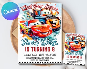 Invitación de cumpleaños de Rayo McQueen, temática de coches para niños (descarga digital editable en Canva)