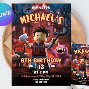 May include: A birthday party invitation featuring a Lego-style character holding tools, with a monster and a donkey. The invitation reads "Michael's 6th Birthday" with date and time details. A smaller version is also included.