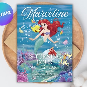 Little Mermaid Birthday Invitation (Digital Download) – Ariel Party Theme Canva Template image 1