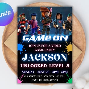 May include: A party invitation with the text "GAME ON" and "JOIN US FOR A VIDEO GAME PARTY". The invitation features cartoon characters and the name "JACKSON". Details include the date, time, and RSVP information.