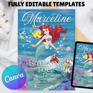May include: A blue invitation template featuring a mermaid with red hair and a teal tail, surrounded by sea creatures. The text "Marceline" is at the top, with "IS TURNING FOUR" and event details below. A tablet displays the same design.