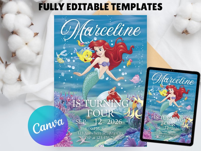May include: A blue invitation template featuring a mermaid with red hair and a teal tail, surrounded by sea creatures. The text "Marceline" is at the top, with "IS TURNING FOUR" and event details below. A tablet displays the same design.