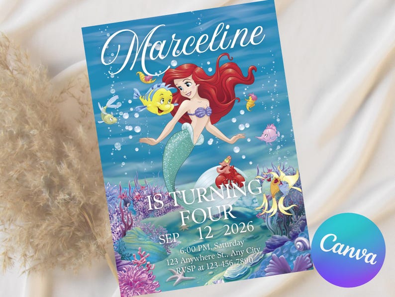 Little Mermaid Birthday Invitation (Digital Download) – Ariel Party Theme Canva Template image 3