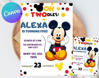 Mickey Mouse Twodles Einladung, bearbeitbare Geburtstagseinladung (Canva)