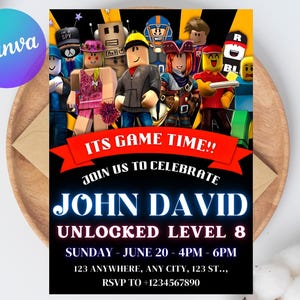 May include: A colorful invitation with cartoon characters, the text "ITS GAME TIME!!" and "JOIN US TO CELEBRATE JOHN DAVID UNLOCKED LEVEL 8". The invitation includes the date, time, address, and RSVP information.