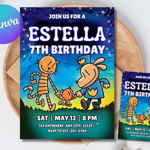 May include: A birthday invitation featuring cartoon characters, with the text "Estella 7th Birthday." The design includes a cat, a dog, and a kitten. The date and time are displayed as "Sat May 12 8 PM."