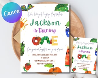 Very Hungry Caterpillar First Birthday Invitation, Hungry Caterpillar Invite, Kid Invitation, Any Age, Caterpillar Invitation Template