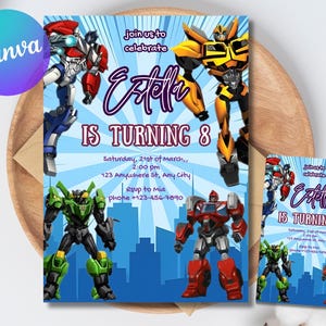 Peut inclure: Une invitation d'anniversaire avec des illustrations de robots colorés. L'invitation indique "Estella a 8 ans" avec les détails de l'événement. Une petite carte assortie est également visible.