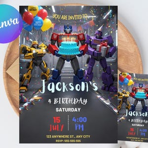 May include: A birthday invitation featuring three robot characters holding a cake and a gift. The invitation includes the text "Jackson's 4 Birthday" with the date, time, and location. Balloons and confetti are also included in the design.