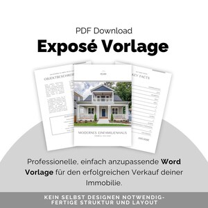 Puede incluir: Una descarga PDF titulada "Exposé Vorlage" con tres documentos. El documento central presenta una foto de una casa. El texto incluye "Professionelle, einfach anzupassende Word Vorlage" y "KEIN SELBST DESIGNEN NOTWENDIG-FERTIGE STRUKTUR UND LAYOUT".