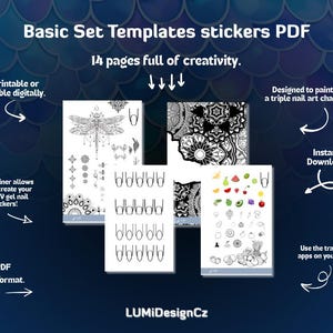 May include: A dark blue background with the text "Basic Set Templates stickers PDF". The image shows several white templates with black line drawings of nail art designs, including a dragonfly, mandalas, and fruit. Text on the image says "Printable or usable digitally."