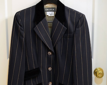 Chaqueta vintage Crisca para mujer Navy Pinstripe Wool Double-breasted con adornos de terciopelo Talla 36 Década de 1980 Hecho en Alemania