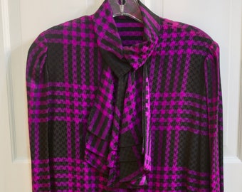 Vintage púrpura y negro a cuadros blusa de seda mujer tamaño pequeño