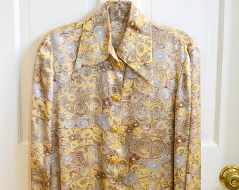 Vintage Yellow & Gray Print Silk Blouse Womans Size 4