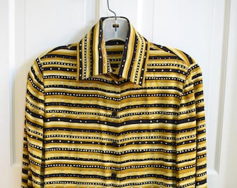 Vintage Black, Yellow and White Striped Silk Blouse Womans Size 4