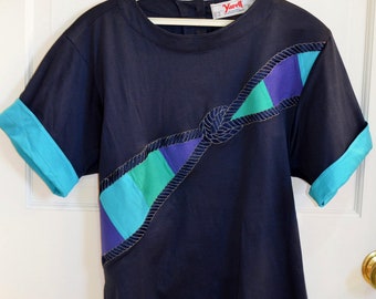 Vintage 1980s Yarell Cotton Navy Shirt with Aqua Blue and GreenTrim Womans Size 36