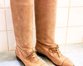 Sebastian Milano Beige Suede Knee High Boots, Women's Size 36.5 Made in Italy