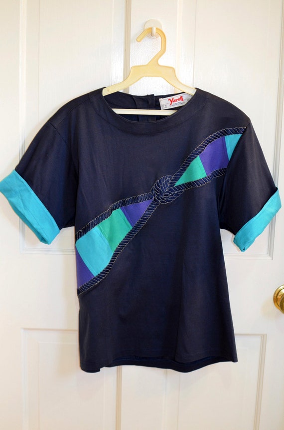 Vintage 1980s Yarell Cotton Navy Shirt with Aqua … - image 1