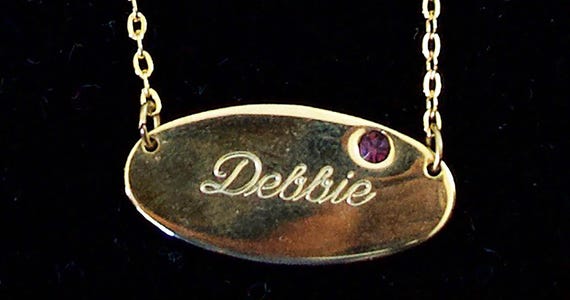 Gold Toned Name Necklace With Purple Stone Debbie Engraved