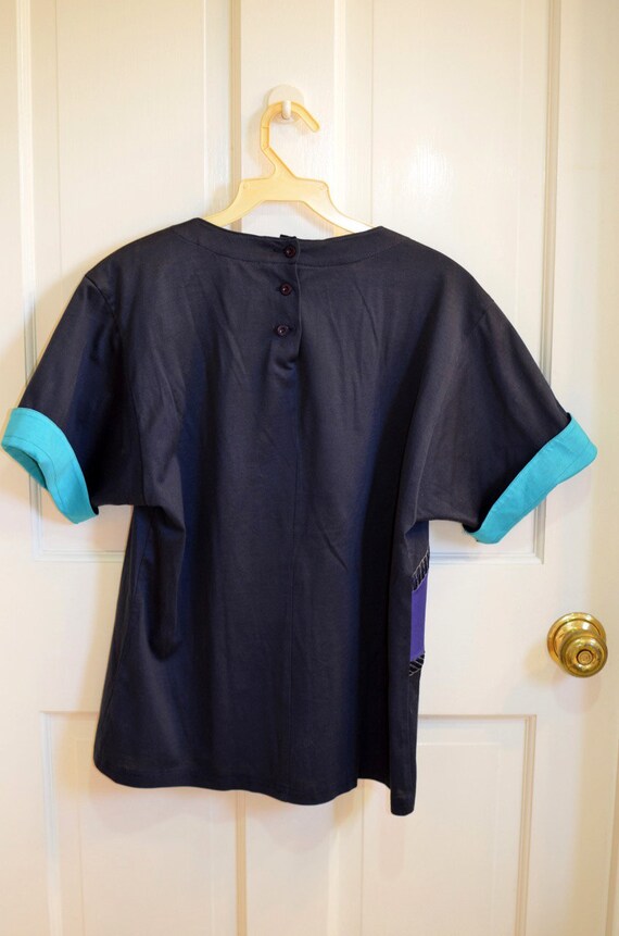 Vintage 1980s Yarell Cotton Navy Shirt with Aqua … - image 2