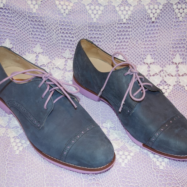 Cole Haan Blue Suede Lace-up Oxford Style Shoes With Pink Laces Women's Size 7B