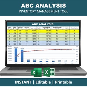 Puede incluir: Una computadora portátil muestra una herramienta de análisis ABC para la gestión de inventario, con una tabla y un gráfico de líneas. La pantalla muestra datos como códigos de artículos y costo total. El texto "INSTANT | Editable | Printable" está en la parte inferior.