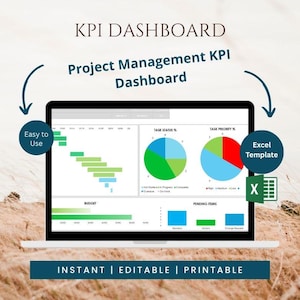 May include: A laptop screen displaying a Project Management KPI Dashboard with charts, including a Gantt chart, pie charts for task status and priority, and bar graphs for budget and pending items. Text includes KPI DASHBOARD and Excel Template.