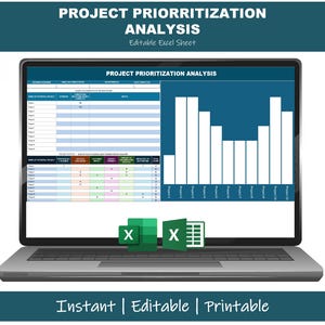 Könnte beinhalten: Ein Laptop zeigt eine Projektpriorisierungsanalyse in einer Excel-Tabelle. Der Bildschirm zeigt eine Tabelle, ein Balkendiagramm und den Text "PROJECT PRIORITIZATION ANALYSIS". Das Bild enthält auch den Text "Instant | Editable | Printable".