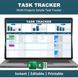 Op de afbeelding: Een laptop met een taakvolgsjabloon. Het scherm toont een spreadsheet met projectvoortgangsbalken, taakbeschrijvingen en toegewezen personen. De tekst "TASK TRACKER" staat bovenaan. De tekst "Instant | Editable | Printable" is ook aanwezig.