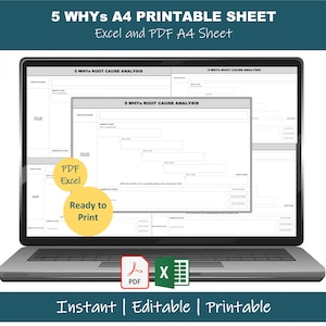 Könnte beinhalten: Ein Laptop mit einer Vorlage zur Ursachenanalyse "5 Whys". Der Bildschirm zeigt ein weißes Dokument mit Textfeldern und einem Flussdiagramm-Layout. Der Text "5 WHYS A4 PRINTABLE SHEET" und "Instant | Editable | Printable" ist enthalten.
