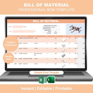 Può includere: Un laptop che mostra un modello di "Bill of Material". Lo schermo mostra un foglio di calcolo dettagliato con descrizioni degli articoli e quantità. Il testo sullo schermo include "Simple & Professional", "Editable BOM" e "Editable Excel Template".