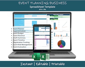 Plantilla de hoja de cálculo para planificación de eventos / Seguimiento de presupuesto para planificadores de eventos / Panel de gestión de eventos