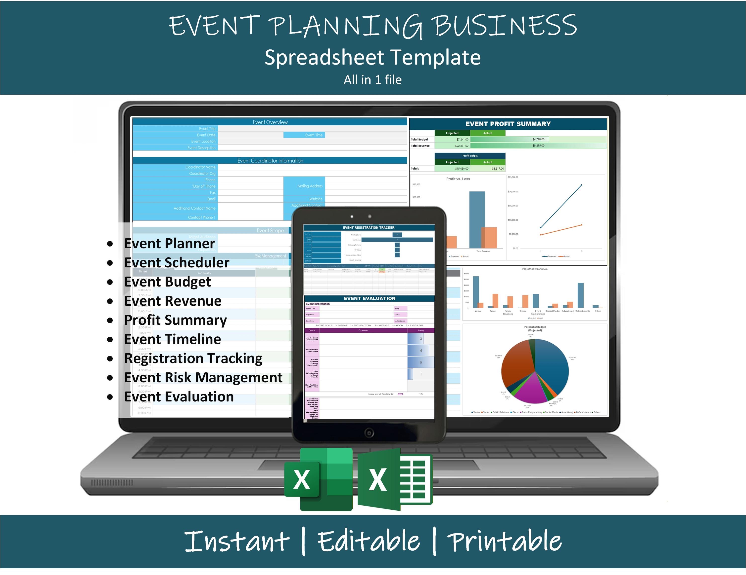 Event Planning Spreadsheet Template | Event Planner Budget Tracker ...