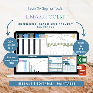 Può includere: Uno schermo di computer portatile che mostra i modelli di progetto Lean Six Sigma Tools DMAIC Toolkit Green Belt Black Belt. Lo schermo mostra un diagramma SIPOC, un grafico di Pareto e project charter. Include 20+ strumenti modificabili, Excel e PPT.
