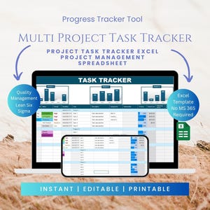 Könnte beinhalten: Eine digitale Multi-Projekt-Aufgabenverfolgungstabelle auf einem Laptop- und Smartphone-Bildschirm. Die Benutzeroberfläche zeigt Balkendiagramme, Aufgabenstatusspalten, Prioritätsstufen und Finanzdaten. Der Text umfasst Progress Tracker Tool, Multi Project Task Tracker, Quality Management Lean Six Sigma und Excel Template No MS 365 Required.