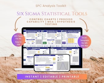 Pode incluir: Um kit de ferramentas de análise SPC digital com ferramentas estatísticas Six Sigma, incluindo gráficos de controle, capacidade de processo, MSA e testes de hipóteses. A tela mostra modelos do Excel para testes como o One Proportion Binomial.