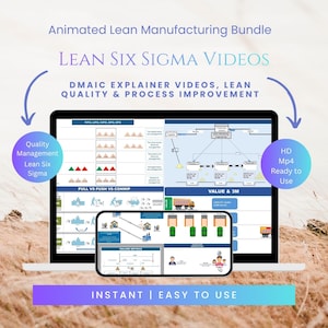 May include: An animated Lean Manufacturing bundle featuring Lean Six Sigma videos, DMAIC explainer videos, and process improvement content. The display shows diagrams on a laptop and smartphone screen with text including Quality Management and HD Mp4.