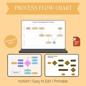 Pode incluir: Gráfico digital com um laptop exibindo um fluxograma do processo de gerenciamento de projetos, junto com dois fluxogramas adicionais. A imagem inclui o texto "PROCESS FLOW CHART" e "PPT Editable Flow Charts". A frase "Bundle of 3 charts" também é visível.