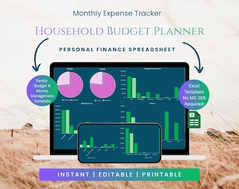 May include: A digital monthly expense tracker and household budget planner spreadsheet displayed on a laptop and smartphone screen. The interface features pie charts and bar graphs in green and pink, with text labels including Family Budget & Money Management Template and Excel Template No MS 365 Required. The bottom bar displays the text INSTANT | EDITABLE | PRINTABLE.