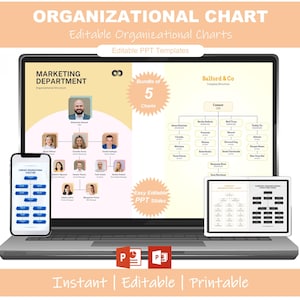 May include: A laptop, smartphone, and tablet display organizational charts. The laptop screen shows a marketing department structure, while the phone displays a company organizational structure. Text includes "Organizational Chart" and "Editable PPT Templates."