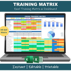 Peut inclure: Un ordinateur portable affiche une matrice de formation et un tableau de bord. L'écran montre des graphiques colorés et des tableaux de données. Le texte à l'écran indique "CROSS TRAINING MATRIX" et "HR Skill Matrix". Deux icônes Excel vertes en bas.