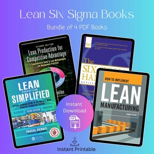 Pode incluir: Um pacote de quatro livros PDF sobre Lean Six Sigma, exibidos em tablets. Os títulos incluem "Lean Production for Competitive Advantage" e "Lean Manufacturing". A imagem apresenta um fundo gradiente e o texto "Instant Download".