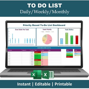 May include: A laptop screen showing a "Priority Based To-Do List Dashboard" with charts and data tables. The display includes task due dates, task priority, and task status. The text "TO DO LIST Daily/Weekly/Monthly" is at the top. The bottom text reads "Instant | Editable | Printable".