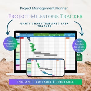 Puede incluir: Un planificador de gestión de proyectos digital en la pantalla de una computadora portátil y un teléfono inteligente, con un diagrama de Gantt y un rastreador de tareas. El texto incluye Project Management Planner, Project Milestone Tracker, Gantt Chart Timeline, Task Tracker, Project Management Template, Excel Template No MS 365 Required, Instant, Editable, Printable.