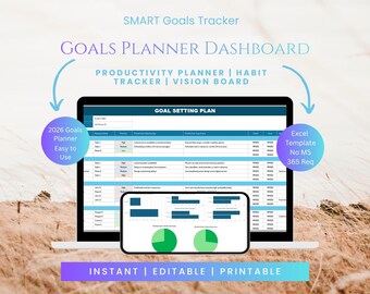 2026 Goals Planner Dashboard | SMART Goals Tracker Excel Template | Productivity Planner | Habit Tracker