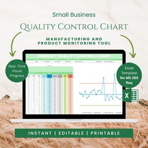 Może przedstawiać: Ekran laptopa wyświetlający szablon wykresu kontroli jakości z tabelami danych i wykresem liniowym. Tekst zawiera Small Business, Quality Control Chart, Manufacturing and Product Monitoring Tool, Real-Time Visual Progress oraz Excel Template No MS 365 Req.